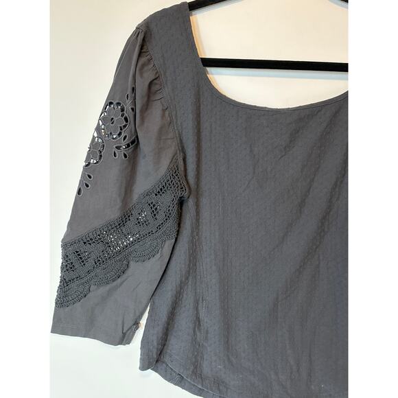 Free People Brunch Date Top Henley Metal Stiletto L Gray Boho Lace Cottagecore - Picture 9 of 14